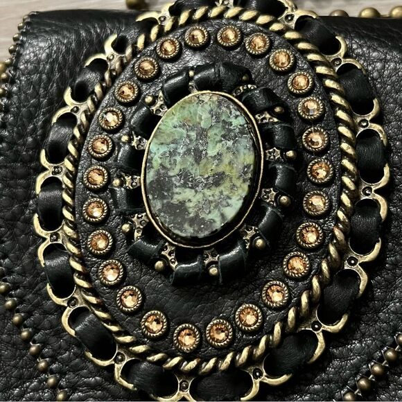 Leatherock LR USA Crossbody Metallic Black Leather Stone Bling Brass Chain - Picture 3 of 16